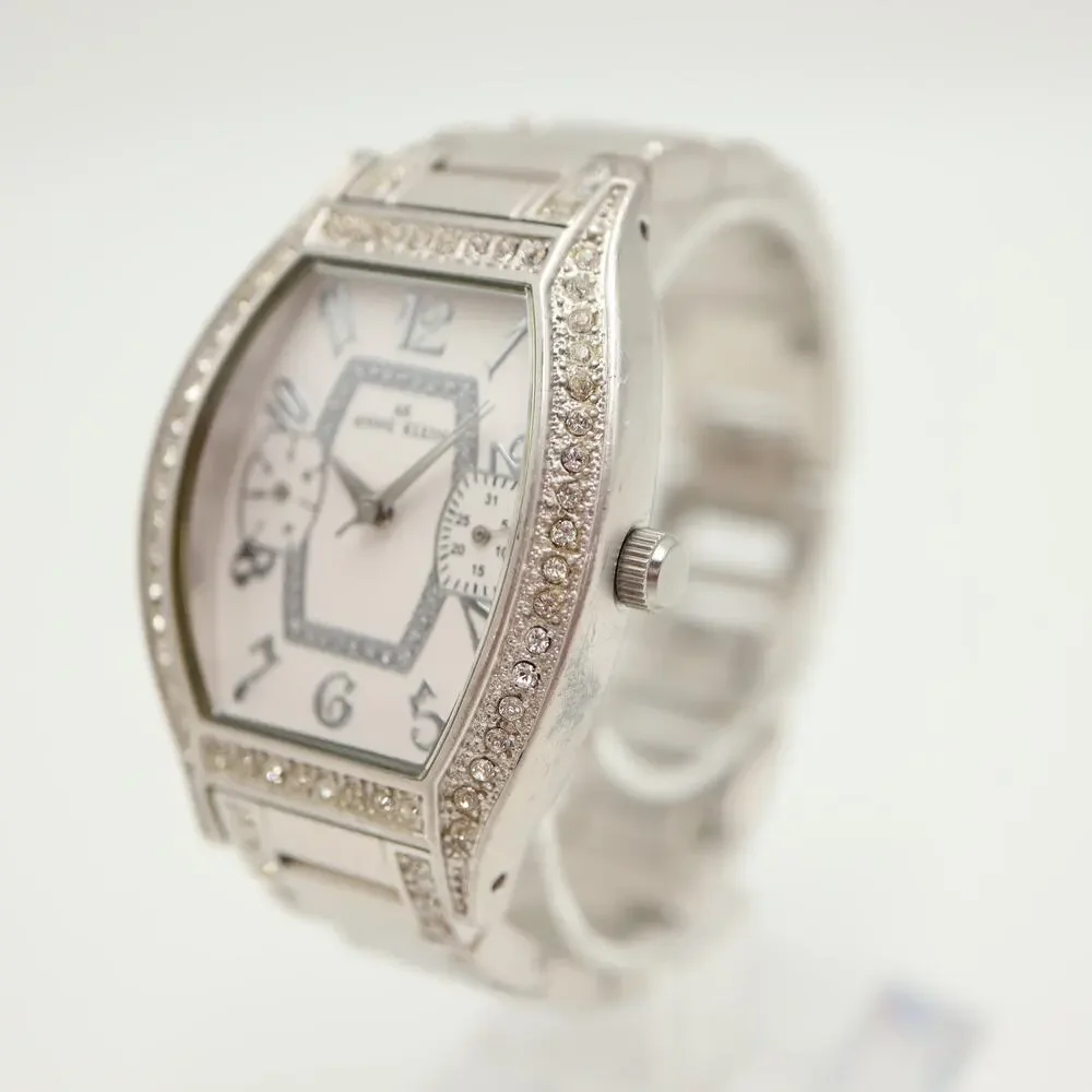 Anne Klein 31mm Barrel Silver Tone Womens Watch Day Date Bracelet w New Battery
